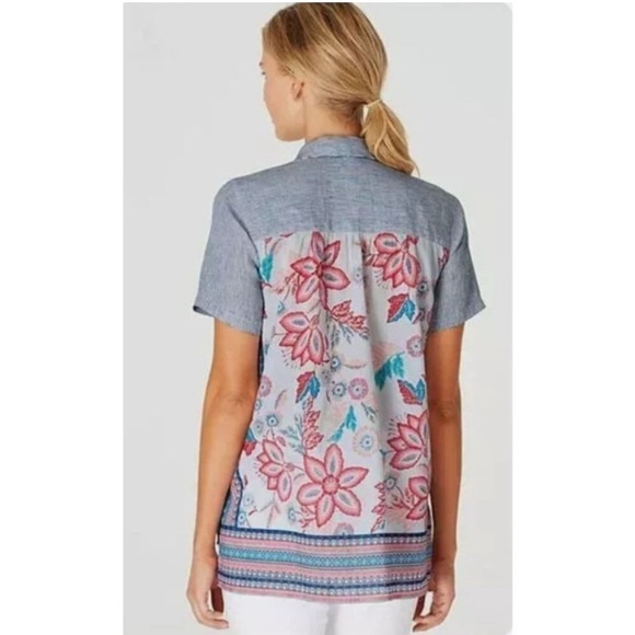 J. Jill | Striped Linen Short Sleeve Button Down Blouse, Floral Back Panel - Picture 2 of 10